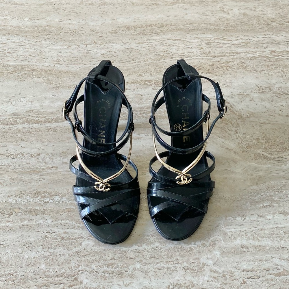 Vintage Chanel Gold CC Strappy Sandal Heels